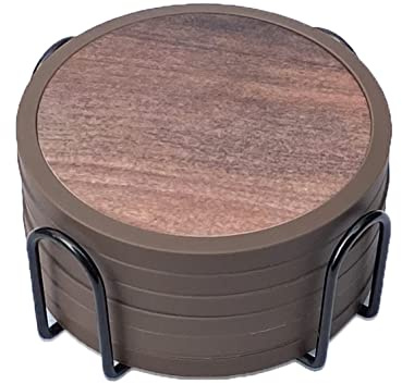 Silikon-Untersetzer Set 6 Stück - rutschfeste Getränkeuntersetzer mit 6 Saugfähigen Filzeinsätzen (Holzoptik) + Schwarzem Metallhalter, Spülmaschinenfest, 4,3 Zoll Rund