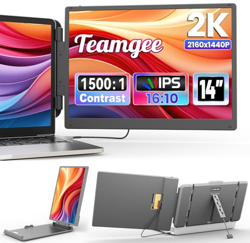 Teamgee 14 2K Laptop Screen Extender, 2160x1440P QHD Portable Monitor for Laptop, Dual Screen Monitor for 13-17 Laptops Plug & Play HDMI/USB-A/Type-C Suitable for Mac, Wins, Android, Dex