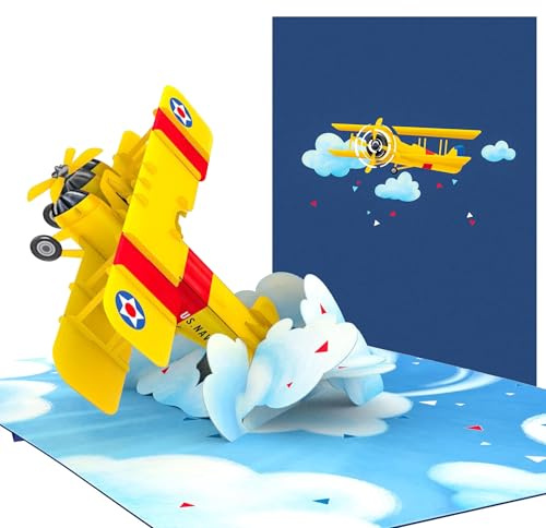 PopLife® Gelbe Doppeldecker-3D-Pop-Up-Karte – Vatertag, Happy Birthday, Jahrestag, Abschluss, Ruhestand, Glückwunsch – für Piloten, Reisende, Luftfahrt-Enthusiasten, Abenteuerliebhaber – Einzigartige