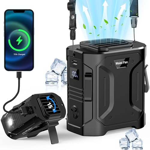 Sunoony 10000mAh Portable Waist Fan Clip on Wearable Belt Shirt Body Fan Hand-Free Rechargeable Battery Operated with 5 Speed & Flashlight Cooling Neck Fan for Outdoor Camping Travel Power Bank Green