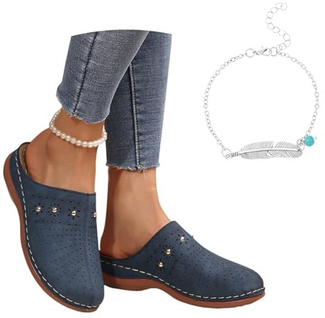 LDXEQIZ Damen Orthopädische Pantoffeln 2025 Neu Geschlossene Sandalen PU-Leder Hohl Schlappen Mit Niet Plateau Keilabsatz Hausschuhe Mit Arch Support Bequem Weichen Sohlen Sommerschuhe