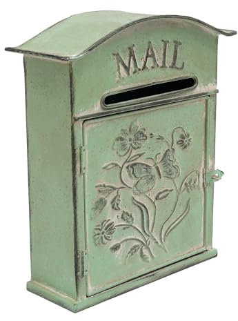 Vintage Letter Box 27 * 10.5 * 31.2cm Wall Mounted Waterproof Mailbox Post Mount Boxes Mail Post Box Flower Patter Green Metal Weathered for Outside Wall Home Garden Ornament Outdoor Decoration