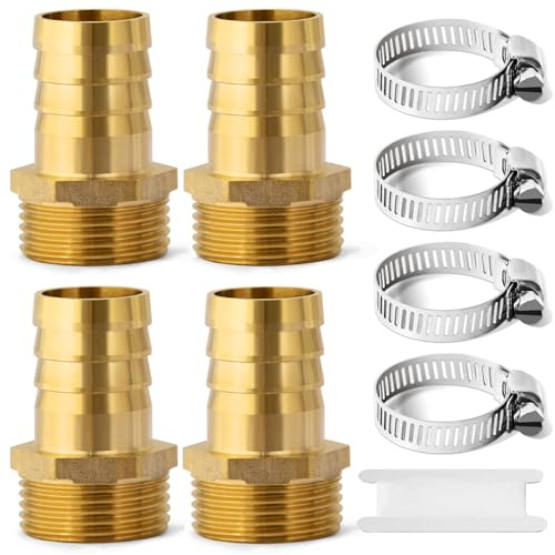 Josaton 4Pcs Brass Barb Hose Connector, 1”BSP Male x 25mm Hose Barb Fitting | with Hose Clamping 4 Set Barb Hose Tail Pipe Fitting for Air Water Fuel