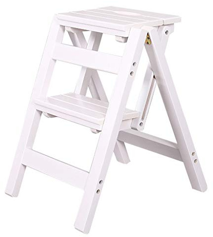 Sgabello pieghevole in legno a 2 gradini, scaletta multifunzione, leggero, per cucina e ufficio, capacità 150 kg, design salvaspazio per casa e biblioteca (bianco)