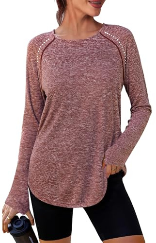 Crewhpo Women Activewear Gym Tops Long Sleeve Workout Running Tee Shirts Round Neck Yoga Tops with Thumbhole Quick Dry Hiking Sports T-Shirt Wine Red