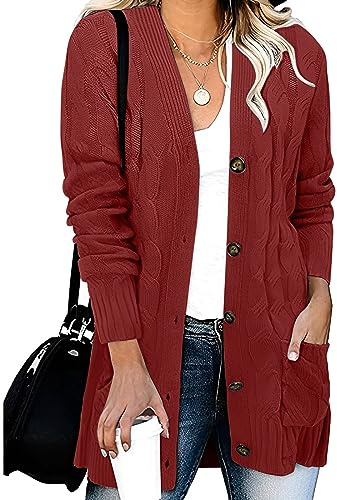 Cardigan Donna Elegante Invernale Giacca Donna Autunno Leggero Maglieria Cotone Casual Taglie Forti Golfino Girocollo a Maniche Lunghe Maglia Oversize con Bottoni(Vino,L)
