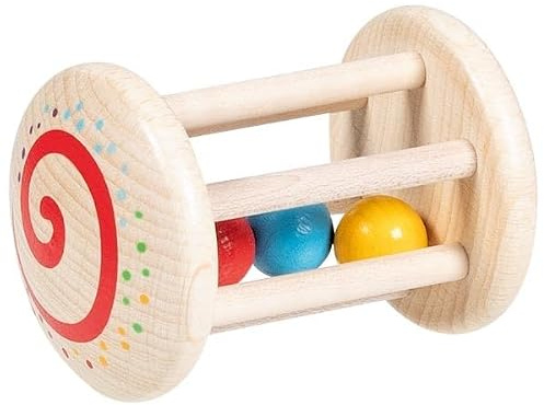 goki 65348 Käfigrassel Regenbogen – Babyrassel aus Holz mit bunten Kugeln – Made in Germany