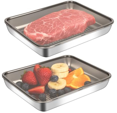 Trendecor Chrrapte - Set di 2 contenitori per affettati, per alimenti con coperchio, impilabili, in acciaio inox, ermetici per formaggio, carne (30 x 25 x 5 cm)