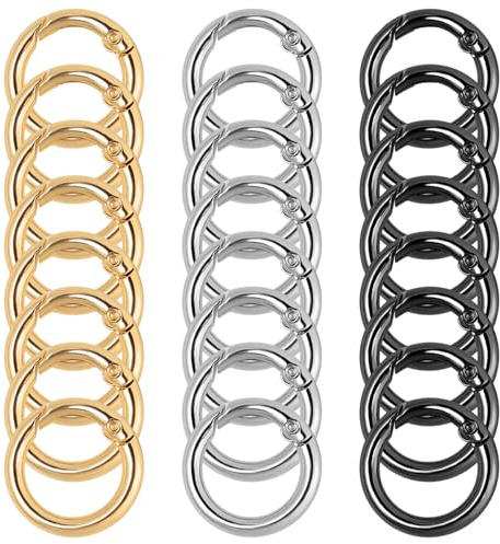 24 Stück Karabiner Rund,Klein Schlüsselring Karabiner,25mm O Ringe Karabinerhaken Rund,für Schlüsselringe Schnallentasche Geldbörse DIY Zubehör Federring Handtasche Basteln(Gold Silber Schwarz)