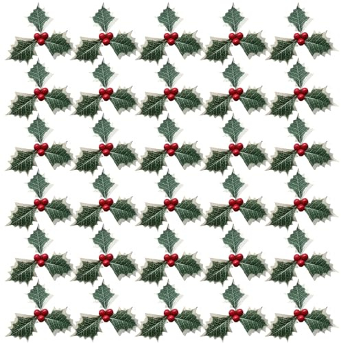 40 piezas de acebo de Navidad con hojas verdes, decoración desmontable, acebo artificial y bayas rojas para decoración de fiestas de Navidad, guirnaldas rojas, regalos