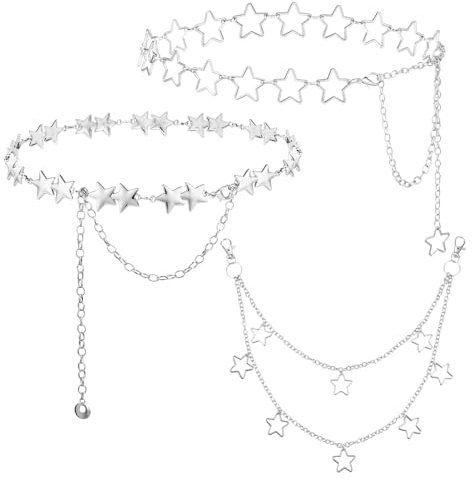 IHFAIO Y2K Chain Belts for Women, Star Waist Chain, Silver Body Chain with Adjustable Fit, Pants Chain for Trousers, Dresses, 3PCs