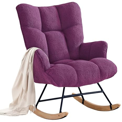 XH.Easy Go Rocking Chair Nursery Teddy Upholstered Glider Rocking Accent Chairs Padded Seat with Rubber Wood Legs Armchair Comfy Side Chair for Living Room Bedroom Offices (Purple)