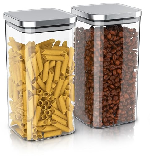 Arendo - Vorratsbehälter 1650ml mit Deckel Edelstahl - 2er Set - Behälter aus Glas – hitzebeständig – Vorratsdosen/Vorratsgläser mit Edelstahl Deckel - luftdicht - für Müsli Zucker Mehl Kaffee