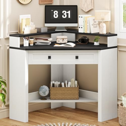 Corner Desk, Triangle Computer Desk Home Office Workstation with Drawer and Monitor Stand for Small Spaces Farmhouse Corner Vanity Table for Bedroom Study, Living Room (Rustic White and Black)