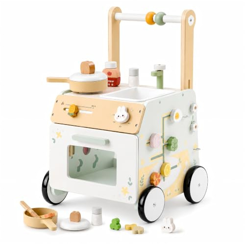 ROBUD Lauflernwagen Holz mit Activity-Center, Höhenverstellbar ab 10M+ | Verstellbarer Schiebewagen, Stauraum, Höhen- und Geschwindigkeitsregelung als Lernlaufwagen für Jungen Mädchen Kleinkinder