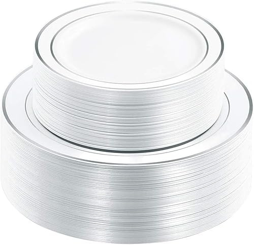 WDF 120PCS Plastic Plates White Silver Rim - Disposable Plates including 60PCS for Dinner 10.25inch, 60 Salad/Dessert Plates 7.5inch Heavy Duty Wedding Party Birthday