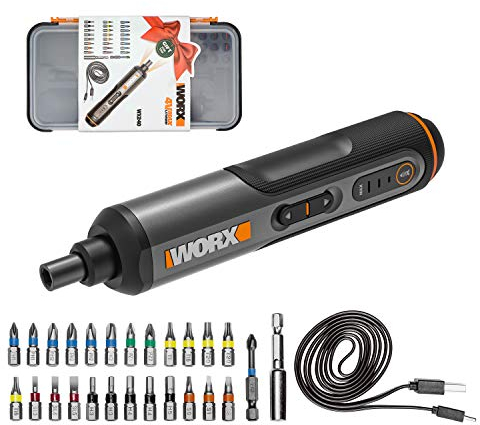WORX Mini Atornillador Inalámbrico de 4V, WX240 Juego de Atornillador, 1,5 Ah, Ajuste de Par de 3 Velocidades, Luz LED, 5/4/2,5 N.m