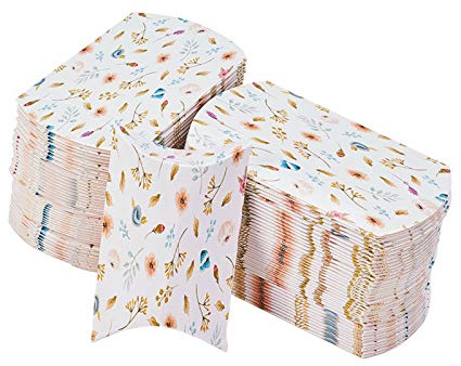 Airssory 100 piezas de papel kraft almohada caja de embalaje de dulces caja de patrón de flores cajas de regalo rústicas para boda dulces dulces favores baby shower fiesta de cumpleaños