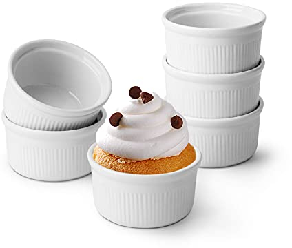 ComSaf 6.5CM White Porcelain Ramekins, 85ML Baking Cups for Souffle, Creme Brulee, Custards, Pudding, Jams, Sauce and Dips - Durable Pack of 6