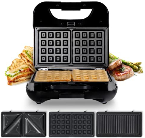 UNIVERSALBLUE Sandwichera, Gofrera y Grill 3 en 1 Placas Intercambiables - Plancha Eléctrica 700W - Placas Antiadherentes Aptas Lavavajillas, Sistema de Seguridad, Acero Inox, Apertura 90º