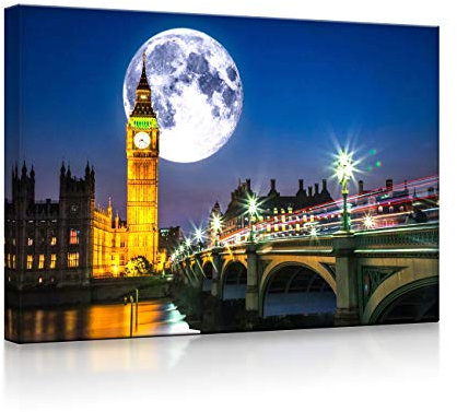 lightbox multicolor | Beleuchtetes Wandbild | Big Ben vor großen Mond in London | 60x40 cm | Fully Lighted