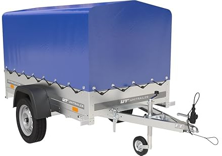 UNITRAILER Anhänger Garden Trailer 200 Kipp, Ladefläche: 200x106 cm, Max. Zulässiges Gesamtgewicht 750 kg – Auto Anhänger mit Hochspriegel, Blauer Anhängerplane Hochplane und Stützrad