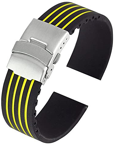 ZXF Uhrenarmband, 18 20 22 24MM Silikon Strap Klapp Verschluss Mode Gelb Armband wasserdichte Uhr Band Black Silikon Gummi Uhrenarmband (Color : Silber gelb, Size : 24mm)