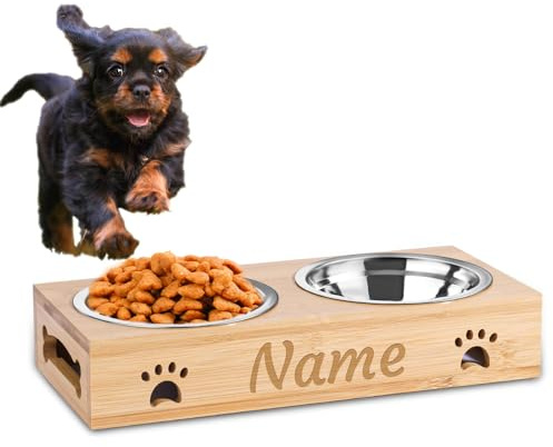 CGFN Ciotole Personalizzate per Cani e Gatti con Nome, Stazione di Alimentazione con Base in Bambù - Testo Personalizzabile (2 Ciotole)