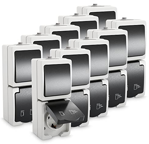 greate 10x Aufputz Schalter Steckdose Kombination mit IP54 für Feuchtraum - Steckdose Aufputz mit Wechselschalter 250V & 16A - Aufputzsteckdose mit Schalter, Steckdose Schalter Aufputz