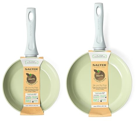 Salter COMBO-7528 Earth Frying Pan Set – Healthy Ceramic Non-Stick Coating, PFAS-Free Induction Cookware, Aluminium Cooking Skillets, Easy Clean, PFOA/PTFE-Free, Stay Cool Handle, 20/24cm, Green