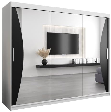 MEBLE KRYSPOL Kleiderschrank mit Spiegel Monaco - Garderobenschrank - Schrank Schlafzimmer - Mehrzweckschrank DREI Schiebetüren - Regalen - Flur Möbel - Kleiderstange Schrank - Allzweckschrank