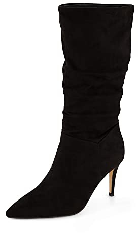 CUSHIONAIRE Women's Porsha Slouchy Vegan Suede Mid-Calf Scrunch Boot with Pointed Toe, Memory Foam & 3-Inch Heel | Wide Widths Available BLACK 9