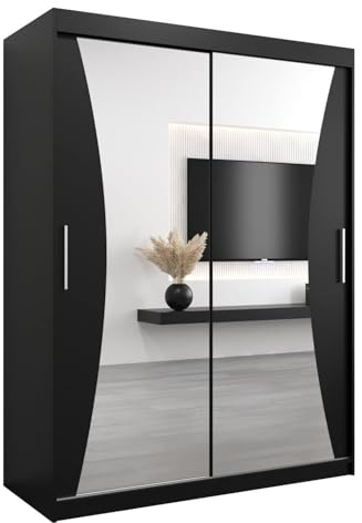 ABIKSMEBLE Monaco 150 Armario 2 Puertas Correderas para Dormitorio - Armario Moderno con Espejo, Barra y Estantes - 150x200x62 cm (Ancho x Alto x Fondo) - Negro Mate