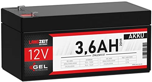 LANGZEIT Akku 12V 3,6Ah Gel Profi Blei-Akku USV Batterie extrem zyklenfest vorgeladen auslaufsicher ersetzt 3,4Ah 3,3Ah 3,5Ah LC-R123R4PG