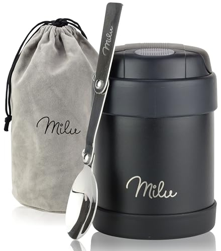 Milu® Termosbehållare för mat barn 300 ml, rostfritt stål varmhållningsbehållare med sked, termosmugg 100 % läckagesäker, termisk lunchlåda, termolåda soppor, babygröt, matbehållare svart, 300 ml