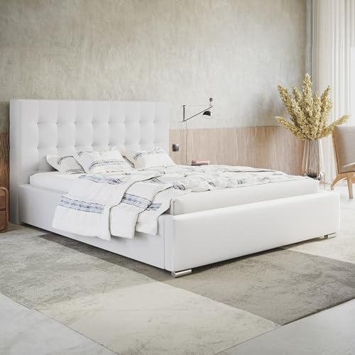MOTIVENA Deli Bett 160x200 Weiß Kunstleder, mit Stauraum, mit Kopfteil, mit Lattenrost, mit Füßen, ohne Matratze, Polsterbett 160x200 mit Bettkasten Weiß