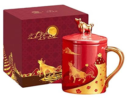 Tazzine caffè Tazza da caffè Tazza di tè Tazza da caffè in Oro Dipinta A Mano Tazza Creativa in Stile Cinese con Coperchio Tazza da caffè Grande Tazzine di Caffe Tazze da caffè (Color : Rot)