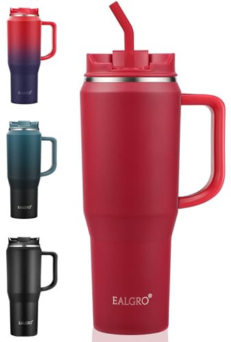 EALGRO Vaso de 40 onzas con asa, vasos aislados con tapa y popote, jarra grande de metal para botella de agua deportiva, taza de café térmica de acero inoxidable, taza de café de viaje, color rojo