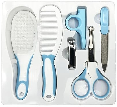 6 Piezas Accesorios para el Cuidado del Bebé, Juego de Cuidado para guardería con Tijera de Seguridad Lima para uñas（Azul）
