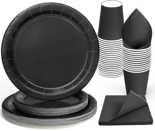 PARTY GO Pappteller Schwarz 96 Stück Partygeschirr Set Bunt Pappteller Set Pappbecher Servietten Party Dekoration Zubehör für Kindergeburtstag Hochzeit Garten Geburtstag Party
