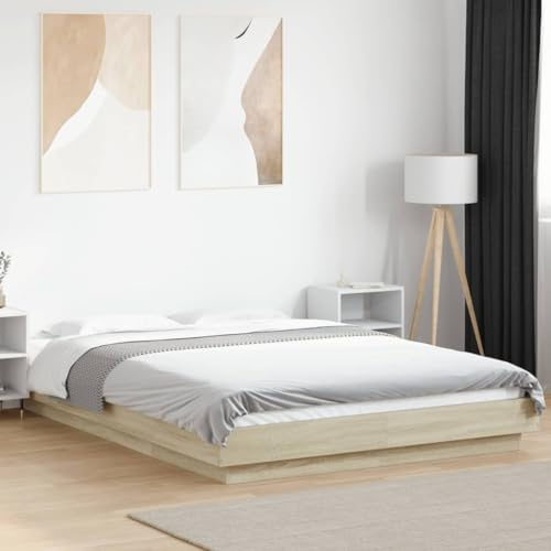 Faroom Holzbett Futonbett Bett 140x190 cm mit LED-Beleuchtung Bettrahmen Holzwerkstoff Einzelbett Doppelbett Bettgestell Sonoma-Eiche