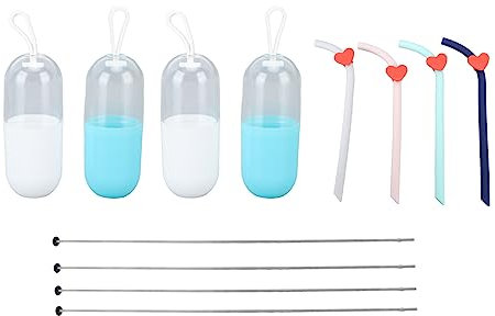 4-teiliges Faltbares Silikon-Strohhalm-Set, Wiederverwendbar, den Außenbereich, Tragbar, Lebensmittelecht, Umweltfreundlich, Einfache Reinigung, Blau, Rosa, Grün, Grau