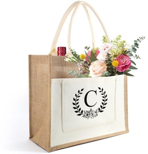 Sac en Toile de Jute avec Lettre, Sac Fourre-Tout Initiale, Sac en Toile de Jute Portable, Sac Cabas Jute Alphabet, Cadeau pour Femme, Maman, Amis, Cadeau pour Anniversaire, Fête des mères (C)