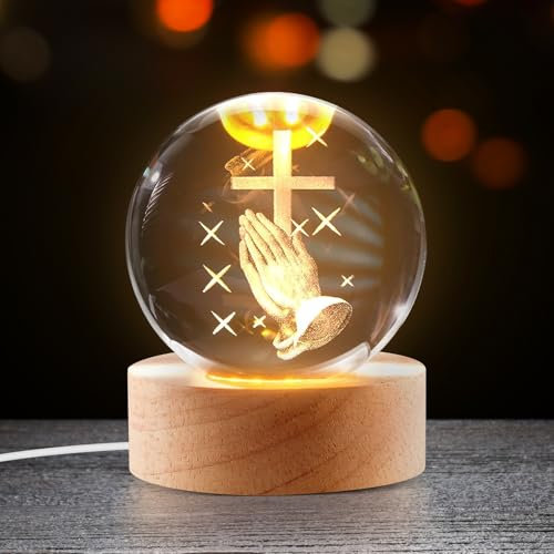 Veilleuse Boule de Cristal 3D Avec Figure de Jésus - Lampe LED Avec Base en Bois, Mains en Prière et Statue de Croix - Cadeau Religieux