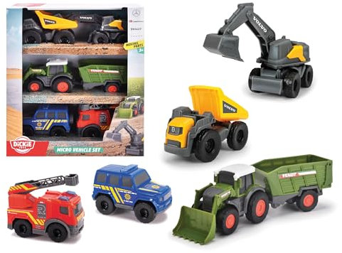 Dickie - Pack Micro Véhicules 8cm - 5 véhicules - Univers Dickie - Construction, SOS, Tracteur - 203742016