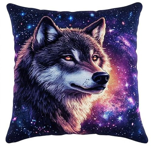 Kreuzstich Kissen Set Vorgedruckt, Sternenhimmel und Wolf Handstickerei Nähkissenbezug 45X45cm Stickpackung Stickset Kreuzstich Kissen zum Basteln Stickkissen Stickpackung