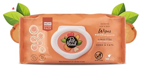 Pet Head Quick Fix Toallitas Limpieza para Perros y Gatos | Aroma de Melocotón con Aloe Vera | Toallitas Higiénicas para Patas y Cuerpo | Ingredientes Naturales | Paquete de 100