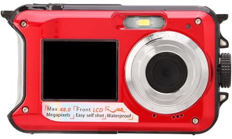 LOCADENCE Unterwasserkamera, Full HD 2,7K 48MP wasserdichte Kamera, 10 Fuß wasserdichte Unterwasser-Digitalkamera, 16-facher Digitalzoom vorne und hinten, doppelte Bildschirme (Rot)