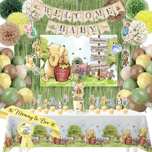 Winnie Puuh Babyparty Dekorationen - Luftballons, Hintergrund, Willkommen Baby Banner, Tischdecke, Kuchenaufsätze, Pompons, Schärpe & mehr - Klassische Pooh Babyparty Thema Party Dekor
