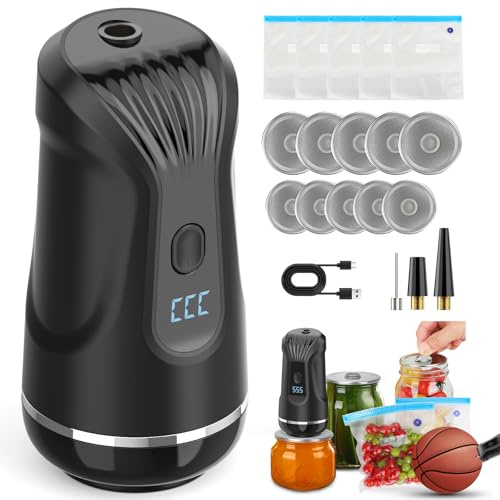 Electric Mason Jar Vacuum Sealer Kit,Upgraded 2 in 1 Handheld Food Storage Vacuum Machine,Portable Fast-Compact Vacuum Sealer for Vacuuming Inflating with 5 Vacuum Bags&10 Mason Jars